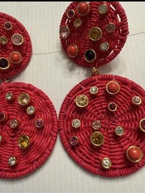 Tuckernuck Raffia Circle Drop Earrings Multi Crystal Stone Embedded NWT Hot Pink